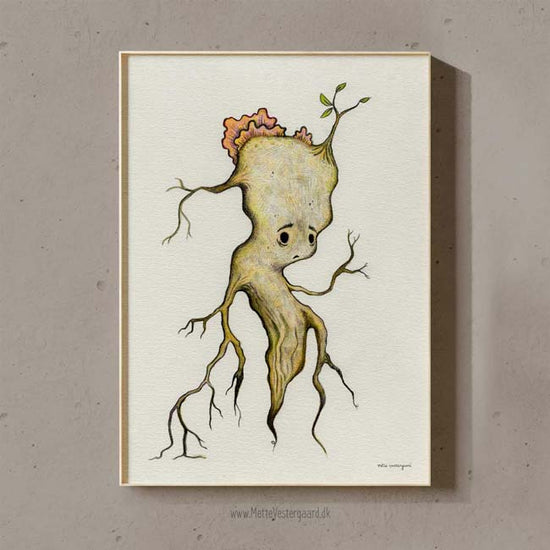 Illustration af en betuttet rod, med en svamp på hovedet og en lille spire der vokser ud på ny.