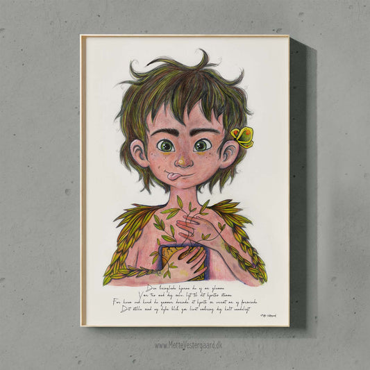 Illustration af en dreng med en sommerfugl på det ene øre. Under drengen står der et vers, der omhandler det at have en kringlet hjerne.