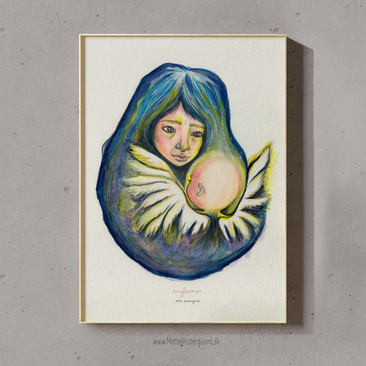 Englemor, illustration der handler om at have mistet et barn. En mor der holder sit englebarn med vinger.