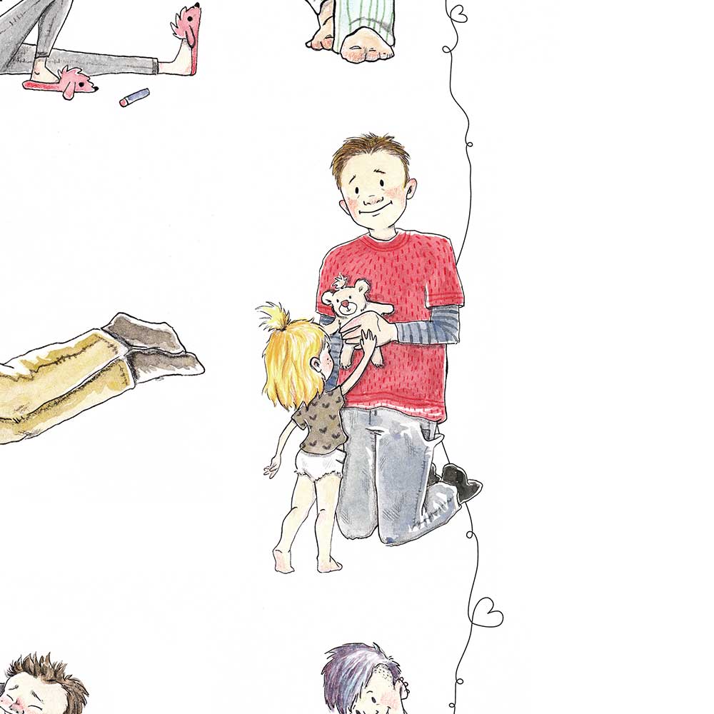 Illustration af en far der rækker sin datter en bamse. Pigen står i ble og T-shirt.