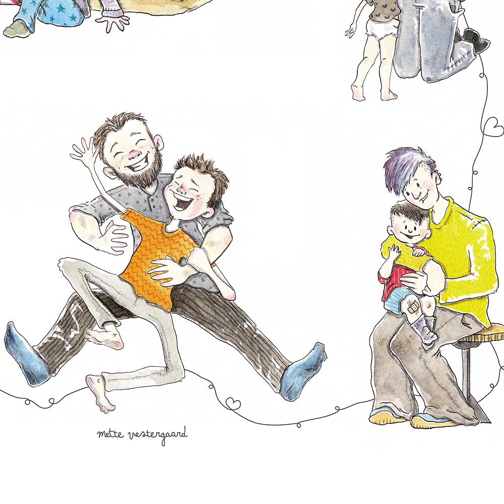 Illustration af en far der sidder på gulvet og kilder sin søn som griner.