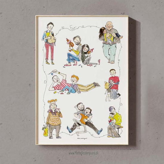 Plakat til fædre med 8 illustrationer af fædre sammen med deres børn. Sød plakat til en far.