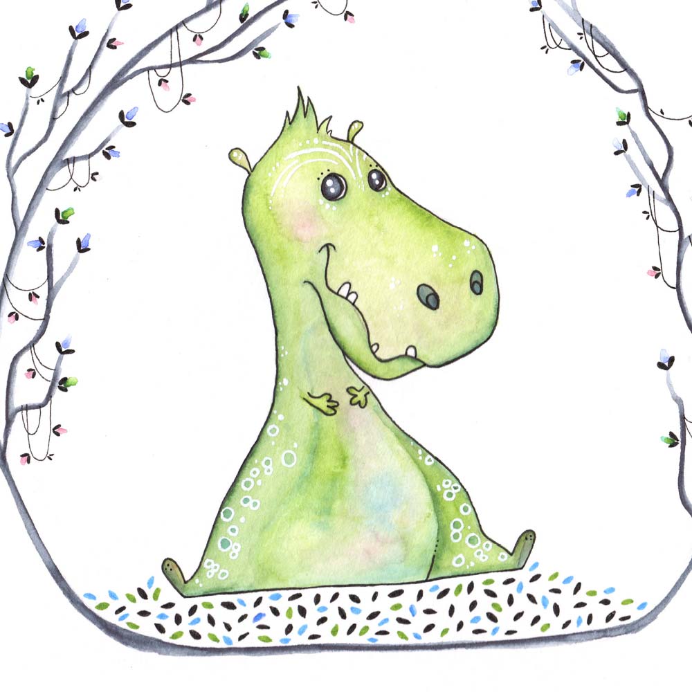 Nærbillede af illustrationen af den grønne dinosaur.
