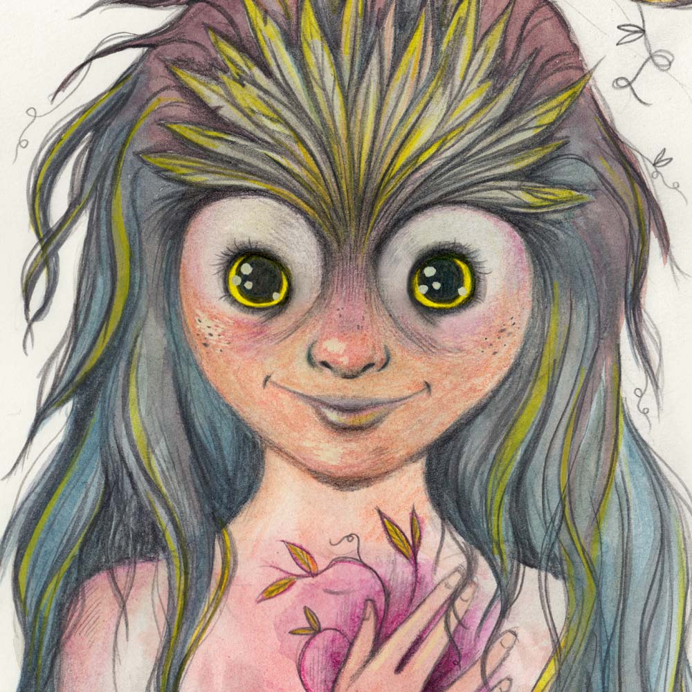 Nærbillede af uglepige illustrationen. En pige der har store, runde og gule øjne.