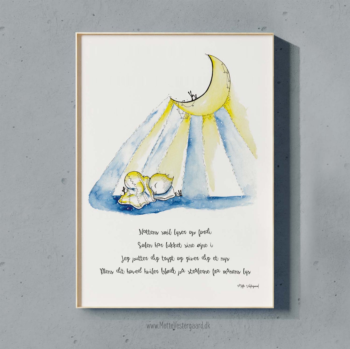 Illustration med et sødt vers der passer godt til når ens barn skal sove.
