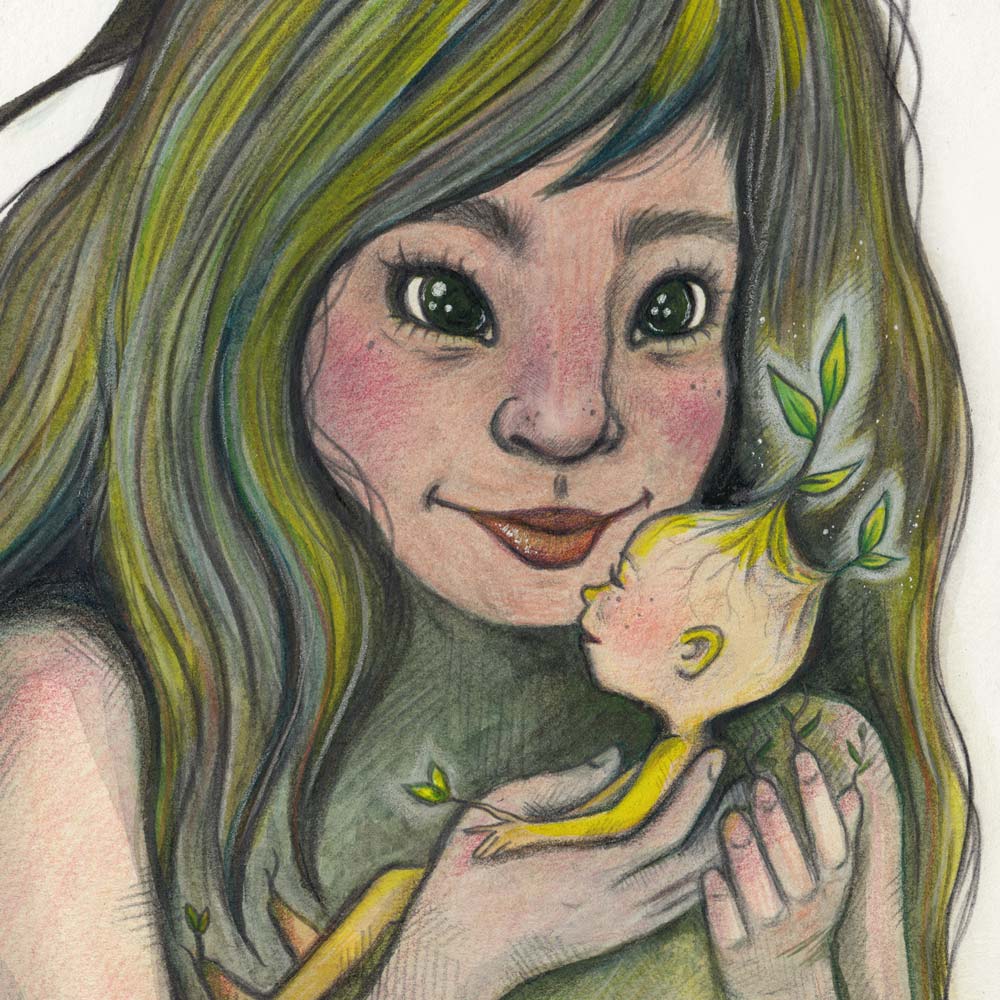 Nærbillede af illustrationen Små Spirer. Man kan se hvordan rødderne fra spiren starter fra barnets hoved.