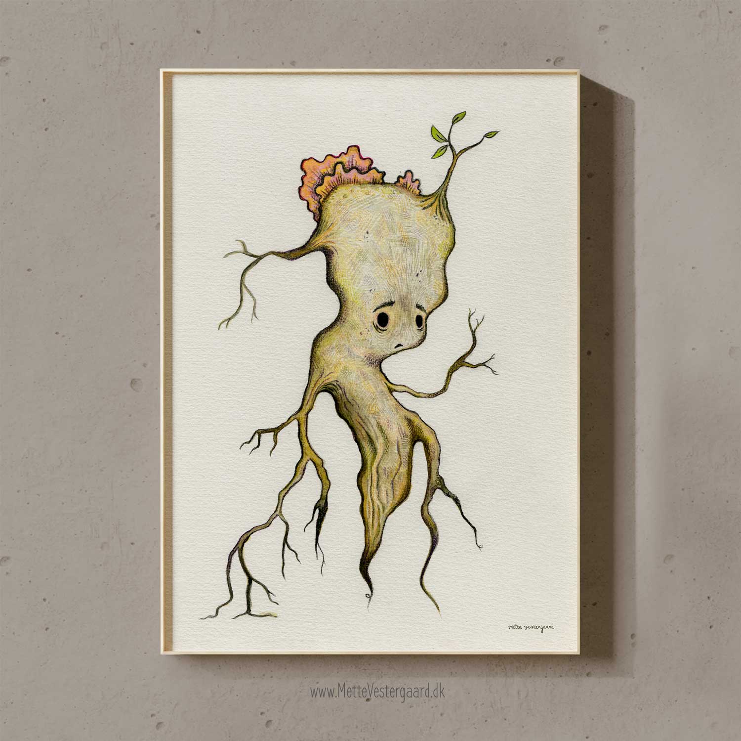 Illustration af en lille rod der ser lidt trist ud. På hovedet vokser der en svamp og en spire er på vej, der symboliserer at den lille rod ikke skal give op.
