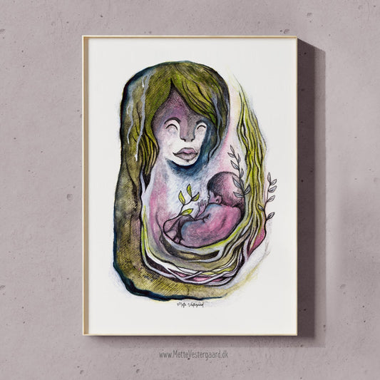En illustration af en mor med sit nyfødte barn. Kærlighed og natur der går ud i ét.