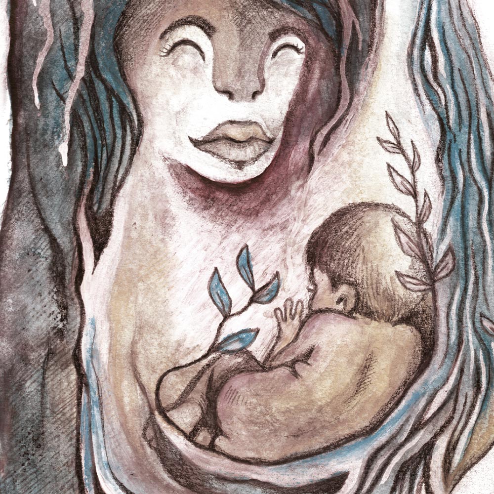 Mor og Barn - Blå/Brun - illustration af mor med nyfødt