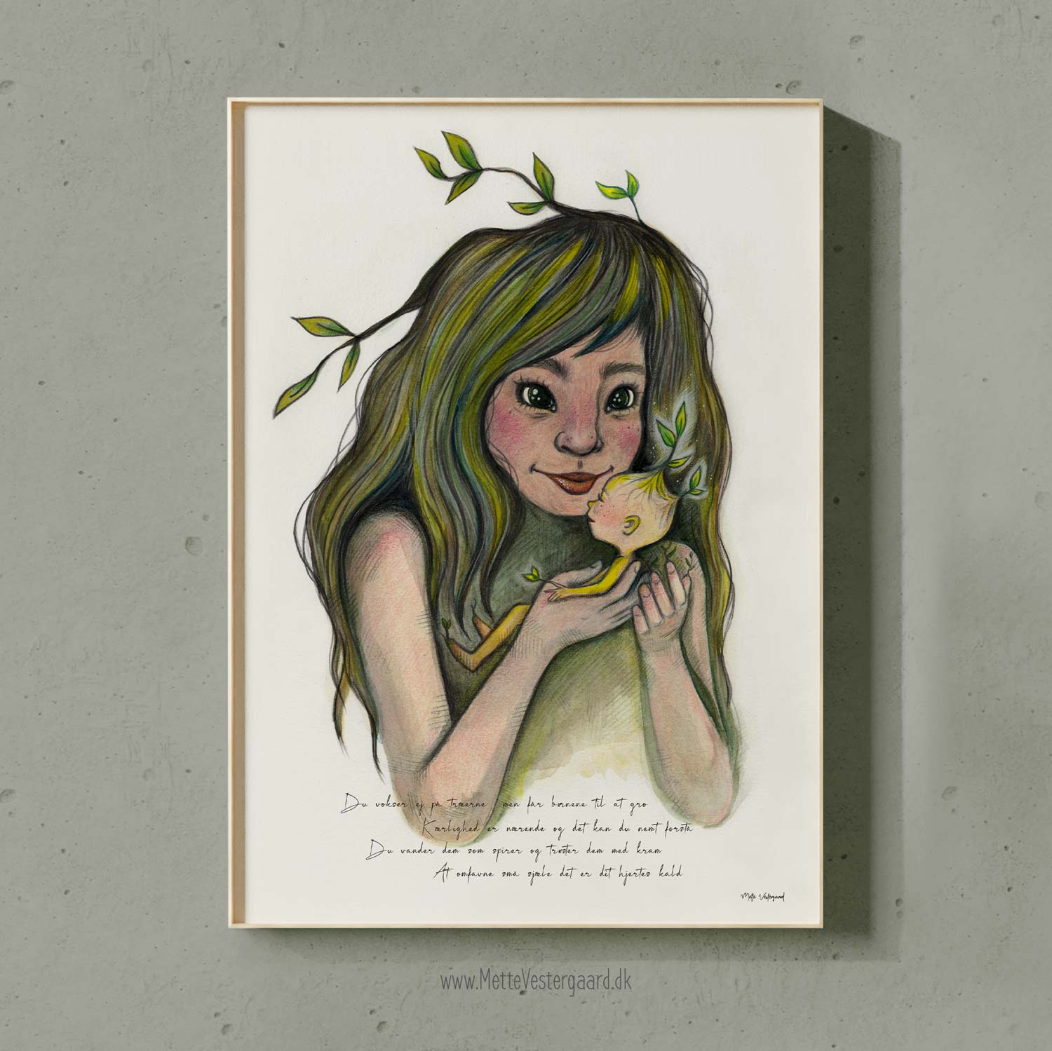 Illustration af en kvinde der holder et lille barn med spirer der vokser fra fra barnets krop. Illustrationen viser hvordan en enkelt person kan få et barn til at vokse.