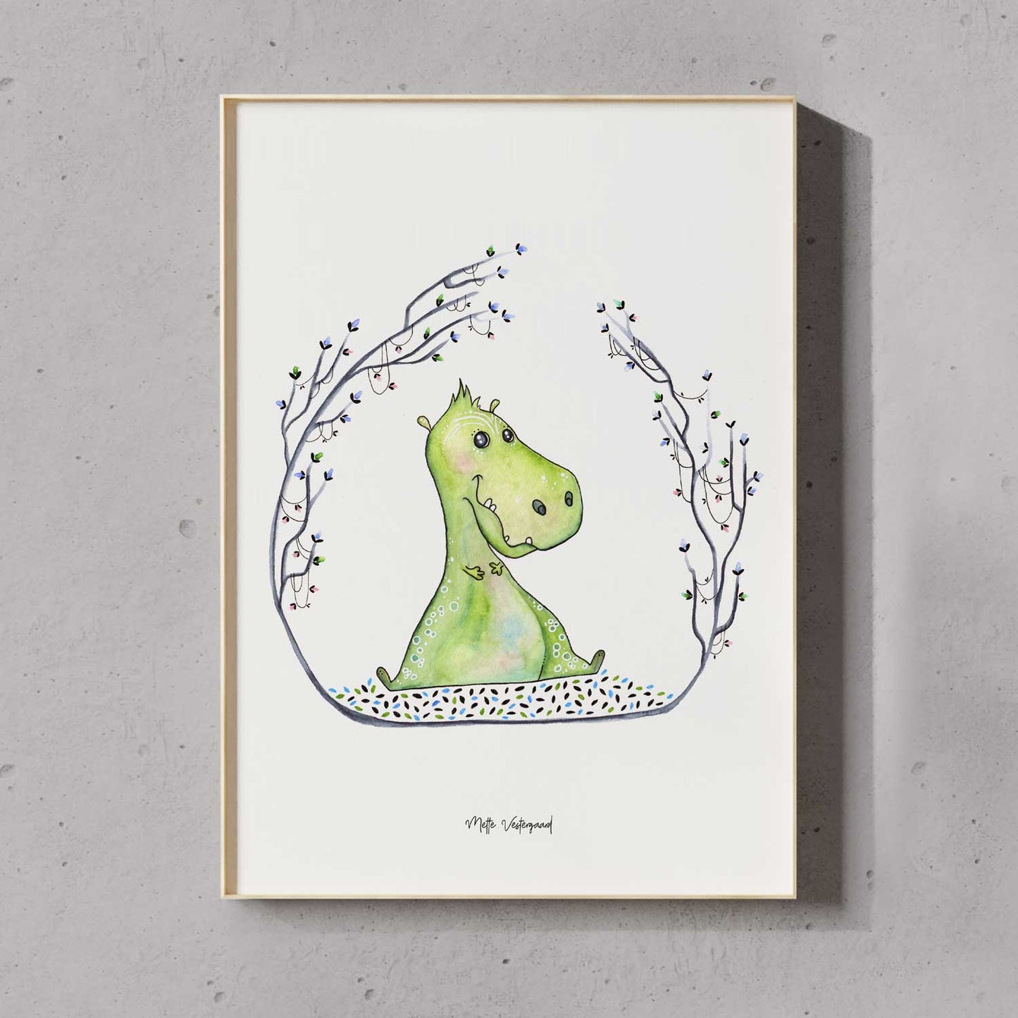 Illustration er den sødeste lille grønne dinosaur, der sidder på sin numse midt i en bunke blade.